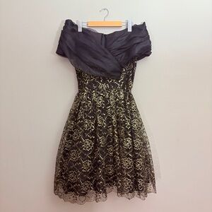 Vintage Black & Gold Lace Dress Crinoline Layered Skirt & Scalloped Hem